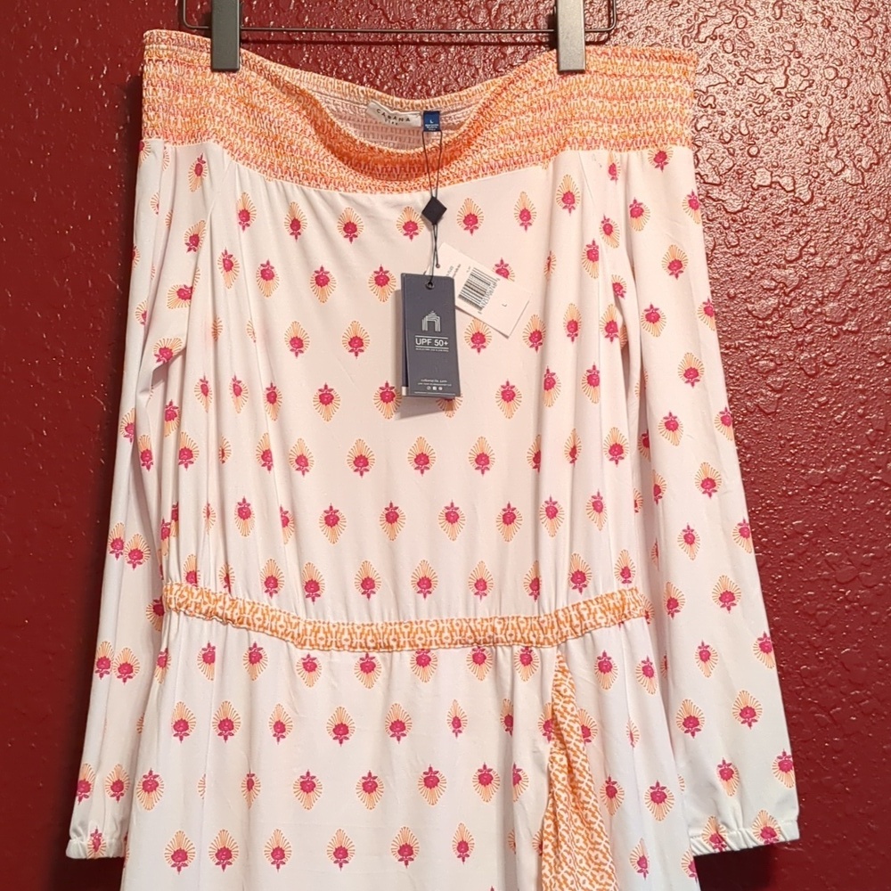 Cabana Life -Orange/White /Off the Shoulder- Long Sleeve/Ruffle Slit Maxi Dress - Picture 6 of 12